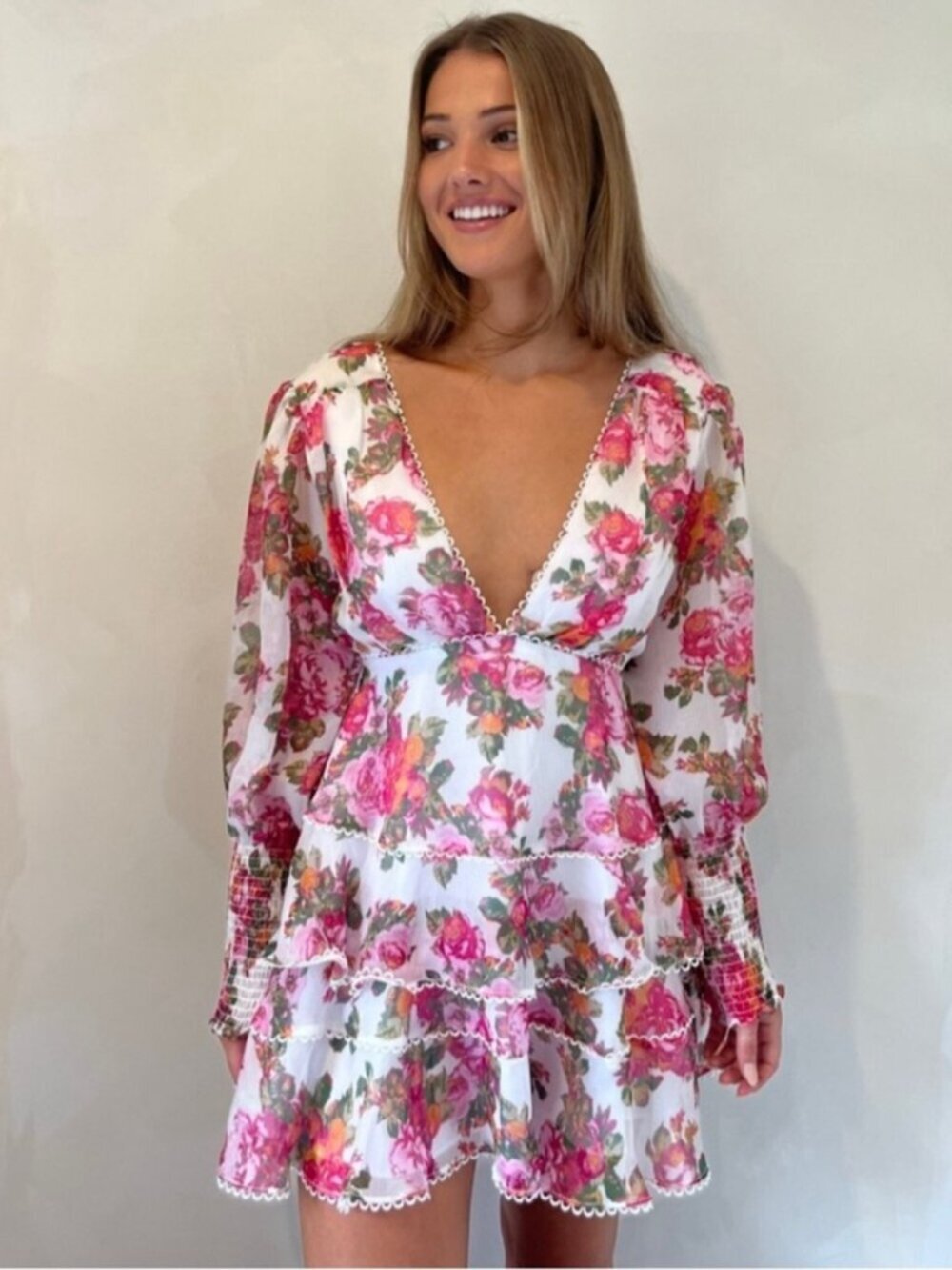 Keepsake Oblivion Tiered Mini Dress Size XS White Pink Floral Long Sleeve